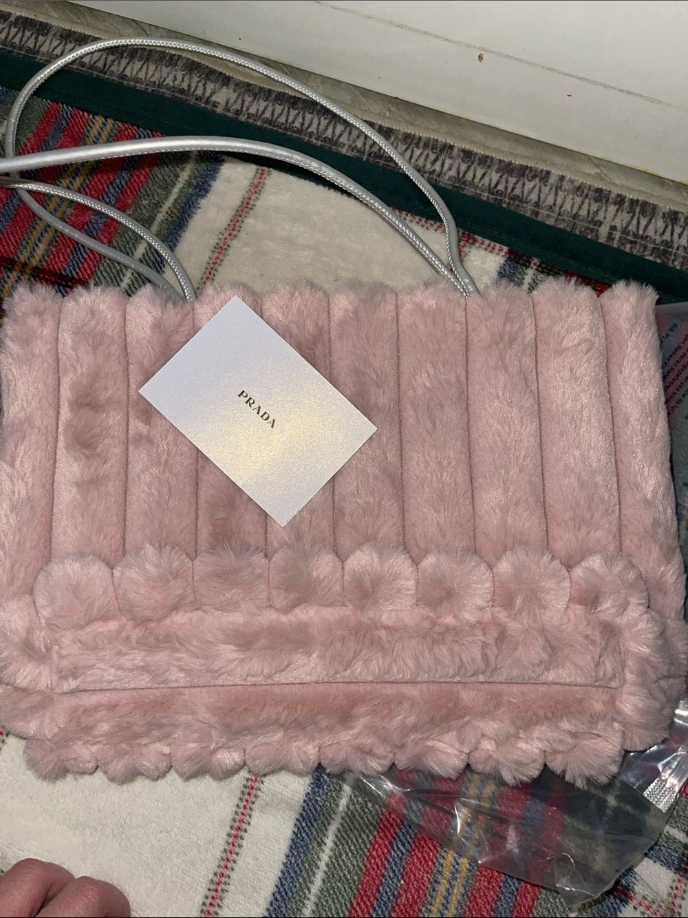 Prada Pale Pink Faux Fur Vertical-Panel Shoulder Bag with Silver Strap - Picture 3 of 6